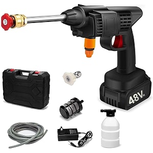 seahelton wireless high pressure washer for car washing 48v rechargeable electric pressure washer gun machine tool for bike cleaning gardening with adjustable 3 in 1 nozzle and 5m hose pipe