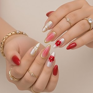 secret lives 2d red flower almond press-on nails 24-piece set with kit glossy pink chrome fake nails with metallic chrome tips with stone