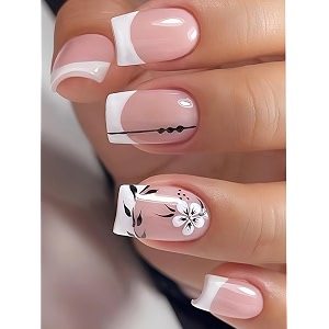 secret lives acrylic fake reusable false artifical press on nails french nails with white flower amp black leaves design 24 pieces with kit