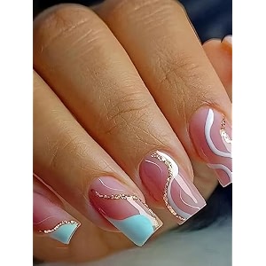 secret lives acrylic fake reusable false artifical press on pink color nails with blue patch amp white golden curve design 24 pieces with kit