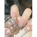 Secret Lives Acrylic Fake Reusable False Artifical Press On Nails Translucent Pink Color With Silverish Golden Glitter 3D Flowers And Pearl Design 24 Pieces With Kit