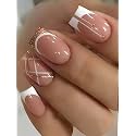 Secret Lives Artifical Fake Reusable False Acrylic Press On Nails French Nails With Golden Glitter And Check Design 24 Pieces With Kit