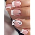 Secret Lives Acrylic Fake Reusable False Artifical Press On Nails French Nails With White Flower & Black Leaves Design 24 Pieces With Kit