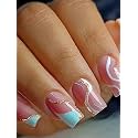 Secret Lives Acrylic Fake Reusable False Artifical Press On Pink Color Nails With Blue Patch &amp; White Golden Curve Design 24 Pieces With Kit
