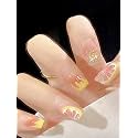 Secret Lives Acrylic Fake Reusable False Artifical Press On Nails Translucent Lemon Design With Red Color Path And Glitter Design 24 Pieces Kit