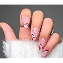 Secret Lives® acrylic press on nails artificial fake false nails extension pink with black and white stripes design 24 pieces set with glue sheet