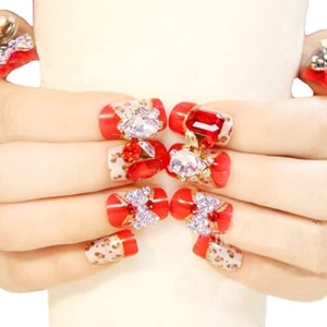 secret lives acrylic press on nails designer bridal artifical nails extension red color and silver 3d bow with red amp silver crystals design 24 pieces set with glue sheet