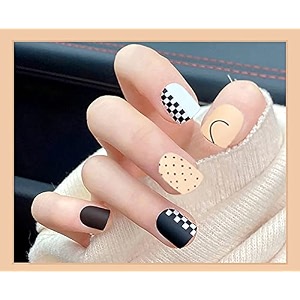 secret lives acrylic press on nails designer artifical nails extension matte peach brown black and white with black polka dot 24 pieces set with glue sheet
