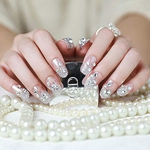 secret lives acrylic press on nails designer artifical nails extension pink shimmer with silver studs fake nails design 24 pieces set