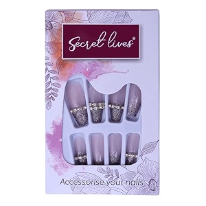 secret lives acrylic press on nails designer long artifical extension beautiful fake long light pink color with studs amp greyish black glitter
