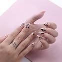 Secret Lives® acrylic press on nails designer artifical nail extension almond shape nude color with black heart design 24 pieces set with manicure kit convinent than manicure
