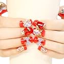 Secret Lives® acrylic press on nails designer bridal artifical nails extension red color and silver 3d bow with red &amp; silver crystals design 24 pieces set with glue sheet