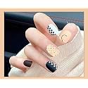 Secret Lives® acrylic press on nails designer artifical nails extension matte peach brown black and white with black polka dot 24 pieces set with glue sheet