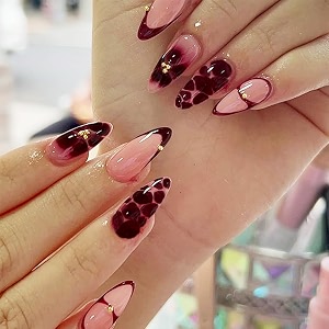 secret lives abstract press-on nails  marron amp pink glossy almond nail art reusable wearable false nails 24-pieces set with kit