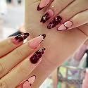 Secret Lives Abstract Press-On Nails – Marron &amp; Pink Glossy Almond Nail Art Reusable Wearable False Nails 24-Pieces Set with Kit