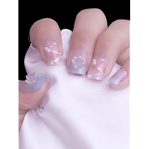 secret lives artifical acrylic fake false reusable press on nails translucent pink amp blue color with 3d butterfly amp silver glitter white pearls 24 pieces with kit