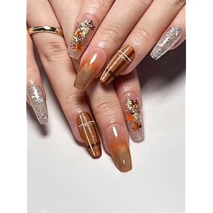 secret lives reusable artificial brown ombre color with silver golden glitter amp leaves design press on nails extensions 24 pieces set with kit