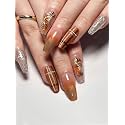 Secret Lives Reusable Artificial Brown Ombre Color With Silver Golden Glitter &amp; Leaves Design Press On Nails Extensions 24 Pieces Set With Kit