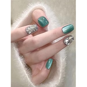 secret lives blue color and silver 3d stone cat eye press-on nails  24pc reusable nail set for women amp girls  long-lasting easy to apply artificial nail extensions blue