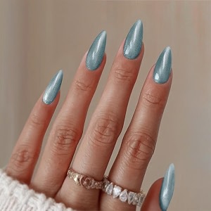secret lives cats eye reusable artificial stiletto shape bluish grey color lightweight amp long lasting easy to use press on nails 24 pcs set with kit