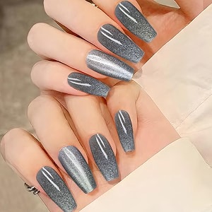 secret lives cats eye reusable artificial long coffin shape translucent black color designer fake press on nails 24 pieces set with kit