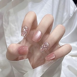 secret lives cats eye reusable artificial pink color with golden glitter amp 3d crystals design fake press on nails 24 pieces set with kit