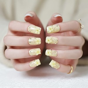 secret lives designer artifical nails extension light lemon color 3d flower with silver glitter white flower design 24 pieces set with glue sheet convinent than manicure