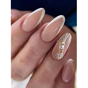 secret lives premium glossy reusable artificial nude color with stone amp white golden line fake false press on nails 24 pieces set with kit