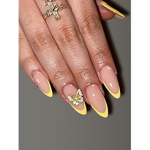 secret lives premium glossy reusable artificial translucen pink amp yellow tips with 3d bow fake false press on nails 24 pieces set with kit