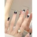 Secret Lives Premium Glossy Reusable Artificial Translucent &amp; Black Color With Bow And Check Design Fake False Press On Nails 24 Pieces Set With Kit