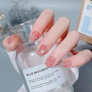 secret lives glossy cats eye reusable artificial translucent pink color with 3d white pearls fake false press on nails 24 pcs with kit