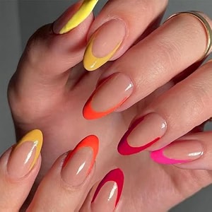 secret lives glossy reusable artificial almond shape translucent skin color with red pink orange amp yellow tips design press on nails 24 pieces set with kit