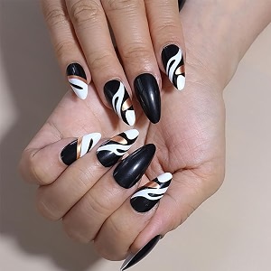 secret lives glossy reusable artificial almond shape black amp white color with golden strips design press on nails 24 pieces set with kit