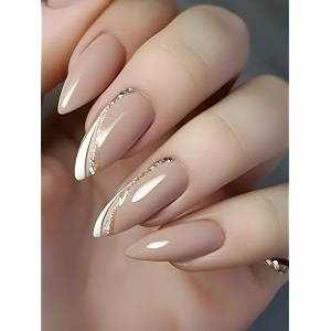 secret lives glossy reusable artificial almond shape nude color with golden glitter amp white tip design press on nails 24 pieces set with kit