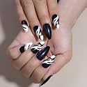 Secret Lives Glossy Reusable Artificial Almond Shape Black &amp; White Color with Golden Strips Design Press on nails 24 Pieces Set with Kit