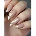 Secret Lives Glossy Reusable Artificial Almond Shape Nude Color with Golden Glitter &amp; white Tip Design Press on nails 24 Pieces Set with Kit