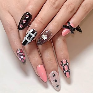 secret lives glossy reusable artificial black amp pink color with 3d heart pearls amp ribbon bow design press on nails 24 pieces set with kit