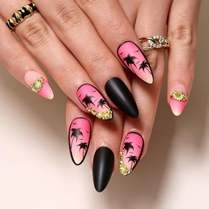 secret lives matte reusable artificial black amp pink color with 3d golden pearls amp palm tree design press on nails with kit