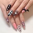 Secret Lives Glossy Reusable Artificial Black &amp; Pink Color with 3D Heart Pearls &amp; Ribbon Bow Design Press on nails 24 Pieces Set with Kit