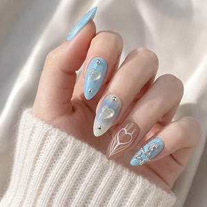 secret lives glossy reusable artificial blue amp brown color with 3d heart stud amp accessories work design press on nails 24 pieces set with kit