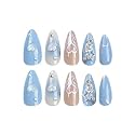 Secret Lives Glossy Reusable Artificial Blue &amp; Brown Color with 3D Heart Stud &amp; Accessories work Design Press on nails 24 Pieces Set with Kit