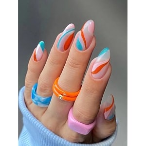 secret lives glossy reusable artificial fake false lightweight amp long lasting press on nails aqua pink orange strips combo 24 pieces set with kit