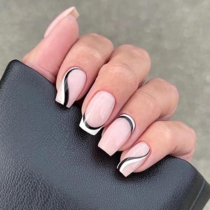 secret lives glossy reusable artificial fake false press on nails white black curves design with pink color 24 pieces with kit