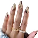 Secret Lives Glossy Reusable Artificial Fake False Press on Nails for Women Cream Brown White Combo Color 24 Pieces Set with Kit