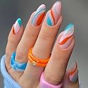 Secret Lives Glossy Reusable Artificial Fake False Lightweight &amp; Long Lasting Press on Nails Aqua Pink Orange Strips Combo 24 Pieces Set with Kit
