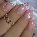 Secret Lives Glossy Reusable Artificial Nude Pink Color with White Heart &amp; Pinkish Glitter Design Press on nails 24 Pieces Set with Kit