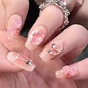 Secret Lives Glossy Reusable Artificial Peach Color with 3D Stud Mirror &amp; Flower Design Press on Nails with Kit