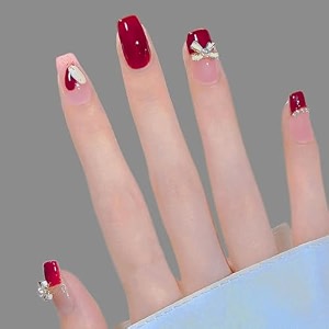 secret lives glossy reusable artificial pink amp red color combo with white 3d bow amp pearl fake false press on nails 24 pieces set with kit