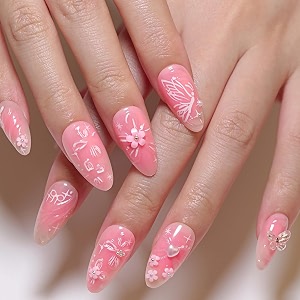 secret lives glossy reusable artificial pink color with 3d white butterfly amp 3d flower pearls art work design press on nails 24 pieces set with kit