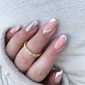 Secret Lives Glossy Reusable Artificial Pink Color with White &amp; Silver French Tips Design Fake False Press on Nails 24 pieces Set with Kit
